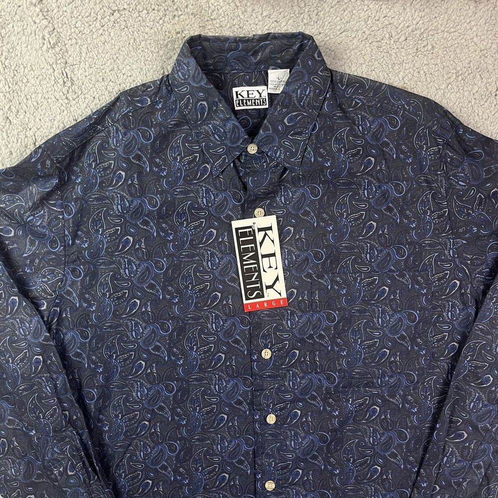 Vintage Key Elements 90's Button Shirt‎ Blue Floral Long Sleeve Sz Large NOS